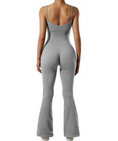 Women Ribbed One Piece Flare Jumpsuits Sleeveless Square Neck Tank Tops Rompers Grey $17.75 Jumpsuits