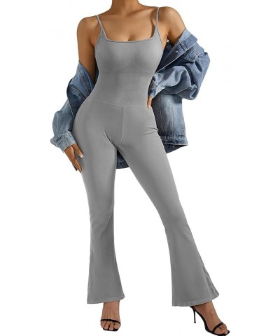 Women Ribbed One Piece Flare Jumpsuits Sleeveless Square Neck Tank Tops Rompers Grey $17.75 Jumpsuits