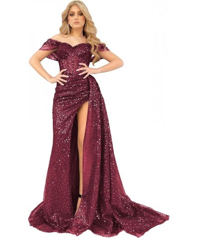 Sparkly Sequin Off The Shoulder Prom Dresses for Women 2023 Tulle Mermaid Formal Ball Gown with Slit Burgundy $47.50 Dresses