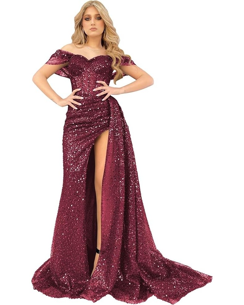 Sparkly Sequin Off The Shoulder Prom Dresses for Women 2023 Tulle Mermaid Formal Ball Gown with Slit Burgundy $47.50 Dresses