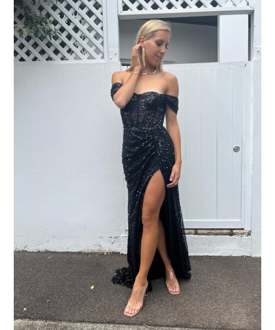 Sparkly Sequin Off The Shoulder Prom Dresses for Women 2023 Tulle Mermaid Formal Ball Gown with Slit Burgundy $47.50 Dresses