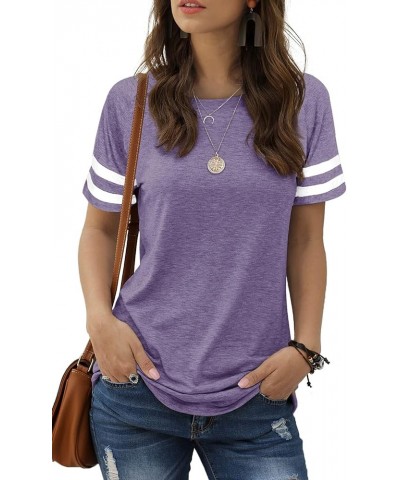 Womens T Shirts Short Sleeve Striped Color Block Leopard Casual Tops 1-purple $10.19 T-Shirts