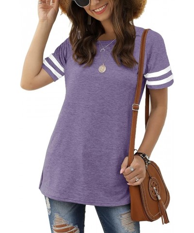 Womens T Shirts Short Sleeve Striped Color Block Leopard Casual Tops 1-purple $10.19 T-Shirts