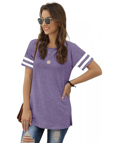 Womens T Shirts Short Sleeve Striped Color Block Leopard Casual Tops 1-purple $10.19 T-Shirts