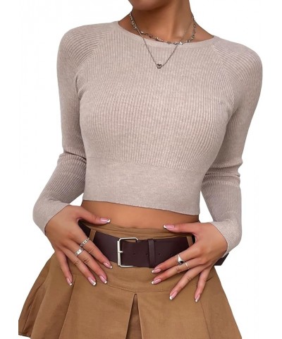 Women's Fitted Ribbed Crewneck Long Sleeve Crop Tops Tee Shirts Solid Mocha Brown $11.13 T-Shirts