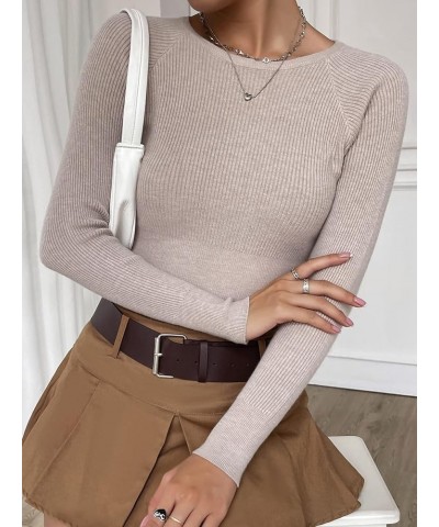 Women's Fitted Ribbed Crewneck Long Sleeve Crop Tops Tee Shirts Solid Mocha Brown $11.13 T-Shirts