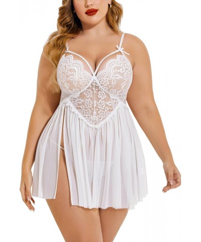 Plus Size Lingerie Lace Babydoll Womens Strap Chemise Nightgown V Neck Nighty Mesh Sleepwear Side Slit Nightdress Plus Size 1...