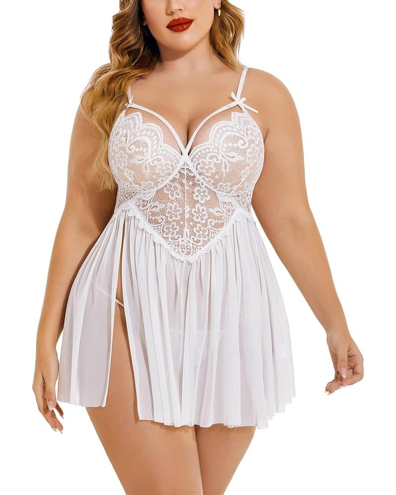 Plus Size Lingerie Lace Babydoll Womens Strap Chemise Nightgown V Neck Nighty Mesh Sleepwear Side Slit Nightdress Plus Size 1...