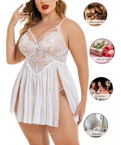 Plus Size Lingerie Lace Babydoll Womens Strap Chemise Nightgown V Neck Nighty Mesh Sleepwear Side Slit Nightdress Plus Size 1...