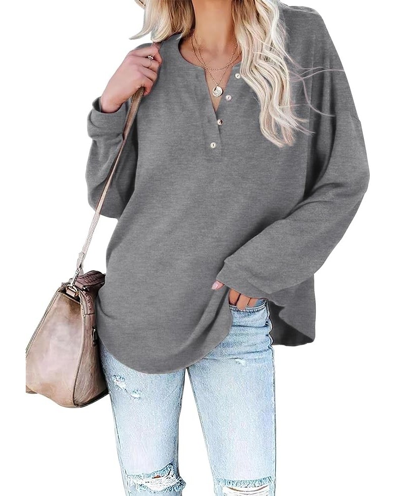 Women's Long Sleeve Shirts Casual Crew Neck Tunic Tops Solid Color Blouses Grey $13.98 Tops