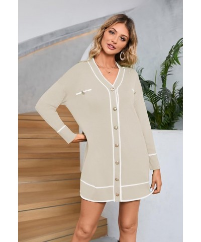 Women's V Neck Long Sleeve Mini Dress Elegant Button Down Open Front Color Block Knit Sweater Cardiagns with Belt Apricot $19...