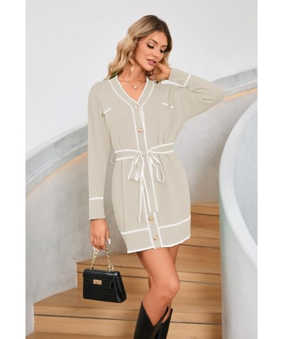 Women's V Neck Long Sleeve Mini Dress Elegant Button Down Open Front Color Block Knit Sweater Cardiagns with Belt Apricot $19...