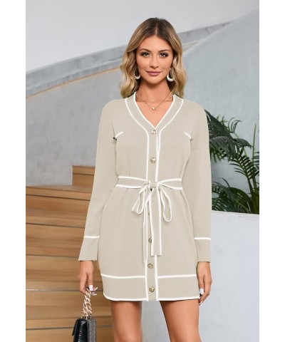 Women's V Neck Long Sleeve Mini Dress Elegant Button Down Open Front Color Block Knit Sweater Cardiagns with Belt Apricot $19...