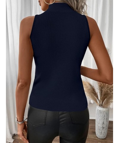 Women's Mock Turtle Neck Tops Sexy Ribbed Knit Sleeveless Tank Tops Basic Slim Fitted Shirts Navy Blue $12.50 Tanks