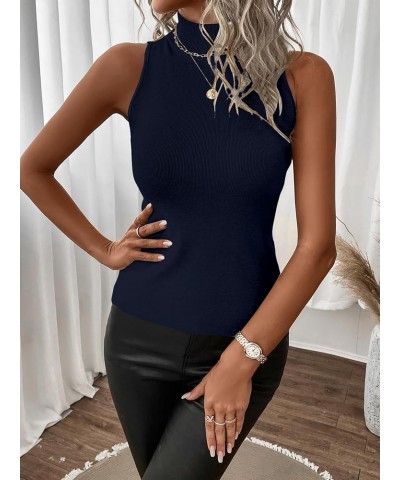 Women's Mock Turtle Neck Tops Sexy Ribbed Knit Sleeveless Tank Tops Basic Slim Fitted Shirts Navy Blue $12.50 Tanks