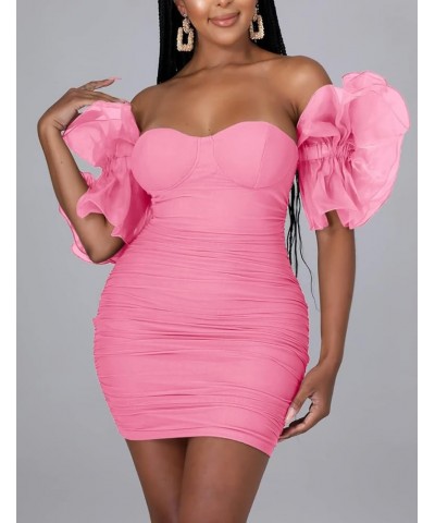 Women Sexy Mesh Puff Sleeve Short DressCocktail Evening Party Bodycon Mini Dresses Pink $24.29 Dresses