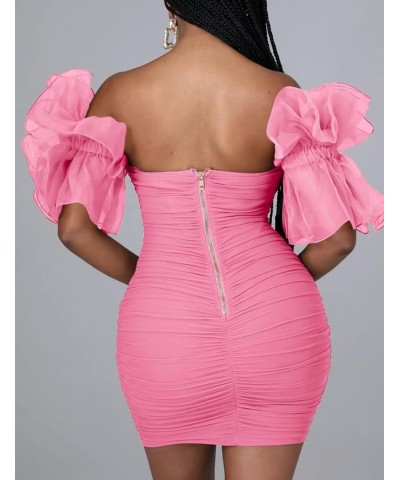 Women Sexy Mesh Puff Sleeve Short DressCocktail Evening Party Bodycon Mini Dresses Pink $24.29 Dresses