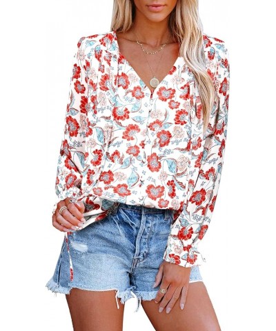 Womens Casual Boho Floral Chiffon V Neck Long Sleeve Loose Blouses Shirts Button Down Dressy Loose Ruffle Tops C White Red $1...