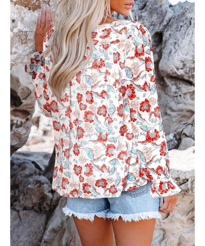 Womens Casual Boho Floral Chiffon V Neck Long Sleeve Loose Blouses Shirts Button Down Dressy Loose Ruffle Tops C White Red $1...