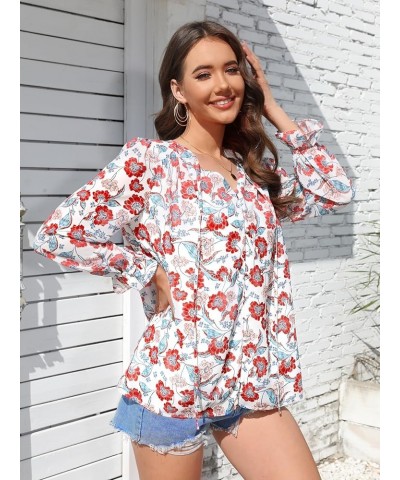 Womens Casual Boho Floral Chiffon V Neck Long Sleeve Loose Blouses Shirts Button Down Dressy Loose Ruffle Tops C White Red $1...