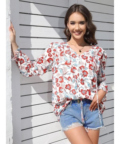 Womens Casual Boho Floral Chiffon V Neck Long Sleeve Loose Blouses Shirts Button Down Dressy Loose Ruffle Tops C White Red $1...