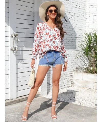 Womens Casual Boho Floral Chiffon V Neck Long Sleeve Loose Blouses Shirts Button Down Dressy Loose Ruffle Tops C White Red $1...