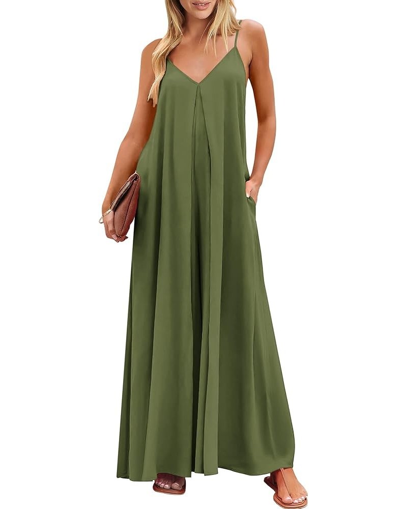 Women's Summer Casual Spaghetti Strap V Neck Oversized Wide Leg Jumpsuit Pockets Beach Travel Outfits Olive $15.84 Jumpsuits