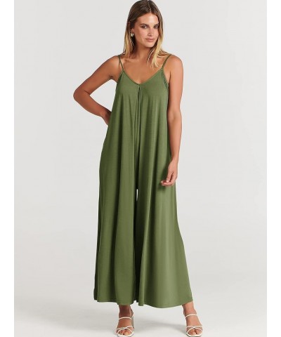 Women's Summer Casual Spaghetti Strap V Neck Oversized Wide Leg Jumpsuit Pockets Beach Travel Outfits Olive $15.84 Jumpsuits