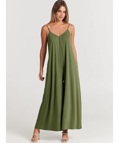 Women's Summer Casual Spaghetti Strap V Neck Oversized Wide Leg Jumpsuit Pockets Beach Travel Outfits Olive $15.84 Jumpsuits