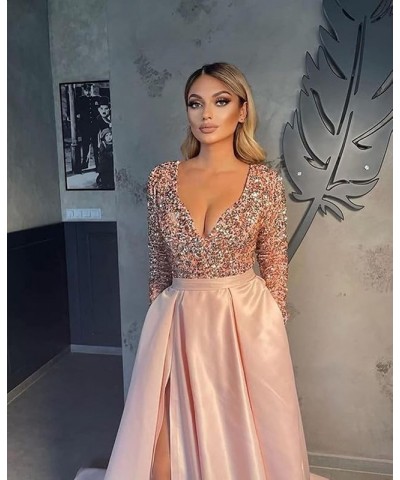 V Neck Long Sleeve Prom Dress Bridesmaid Dress A Line Sequin Satin Long Formal Ball Gowns Dress with Slit Fushcia $46.74 Dresses
