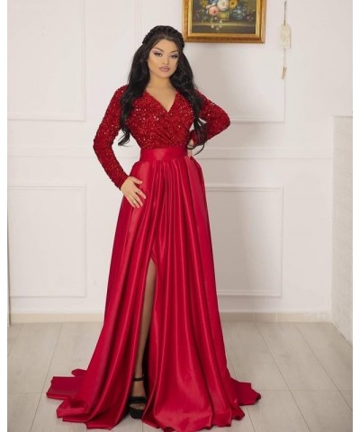 V Neck Long Sleeve Prom Dress Bridesmaid Dress A Line Sequin Satin Long Formal Ball Gowns Dress with Slit Fushcia $46.74 Dresses