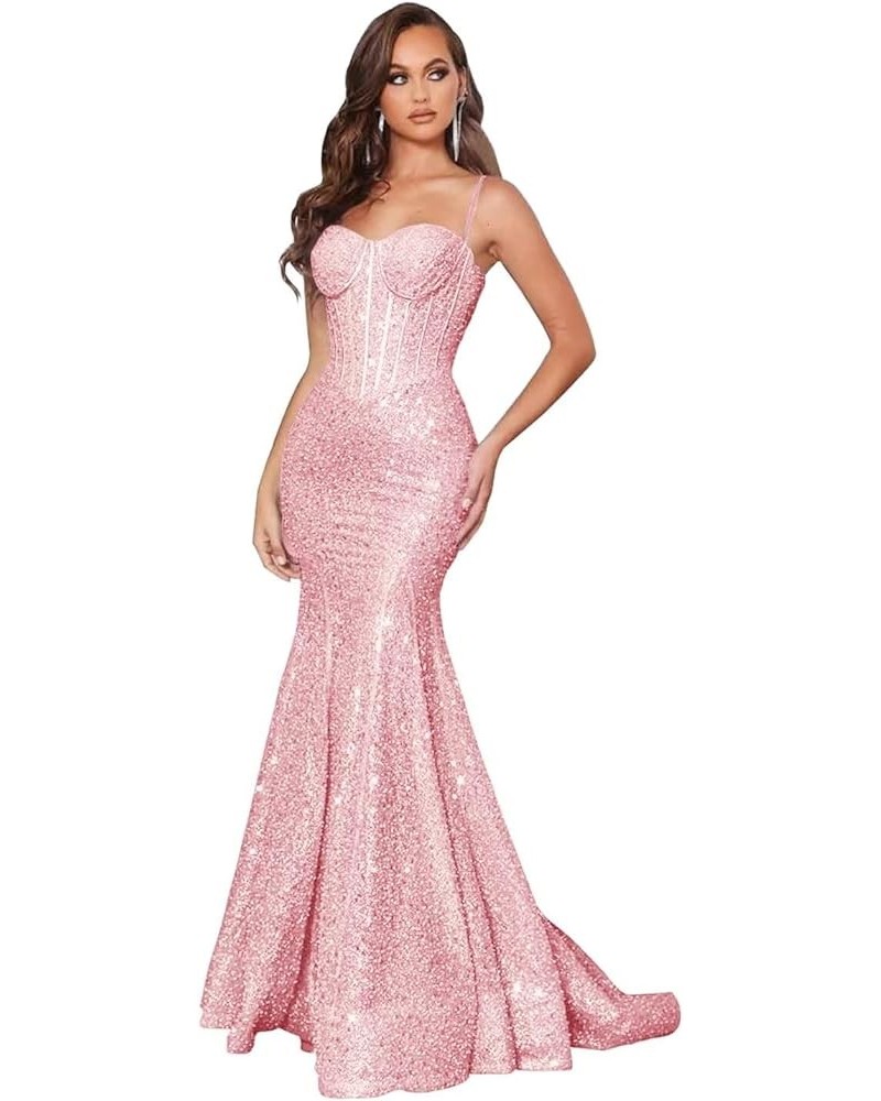 Sparkly Sequin Prom Dresses for Women Mermaid Long Spaghetti Straps Formal Evening Party Gowns Dusty Rose $36.50 Dresses