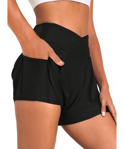 Women's 3" High Waisted Bikini Bottoms UPF 50+ Tummy Control Ruched Board Shorts with Pocket Black $15.71 Swimsuits