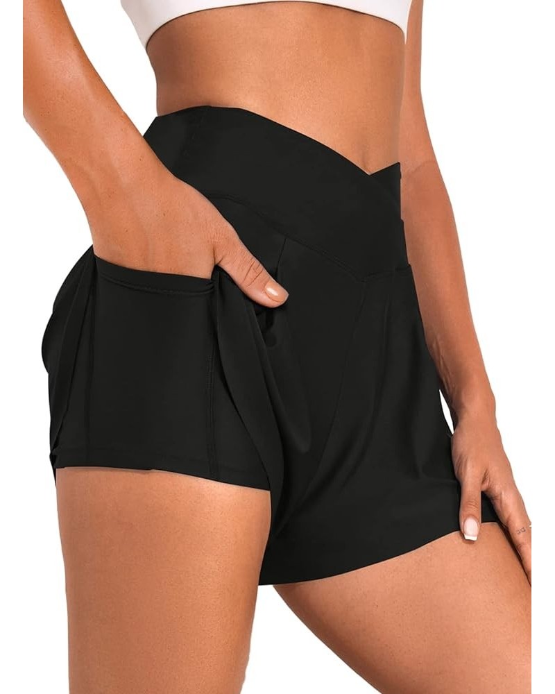 Women's 3" High Waisted Bikini Bottoms UPF 50+ Tummy Control Ruched Board Shorts with Pocket Black $15.71 Swimsuits