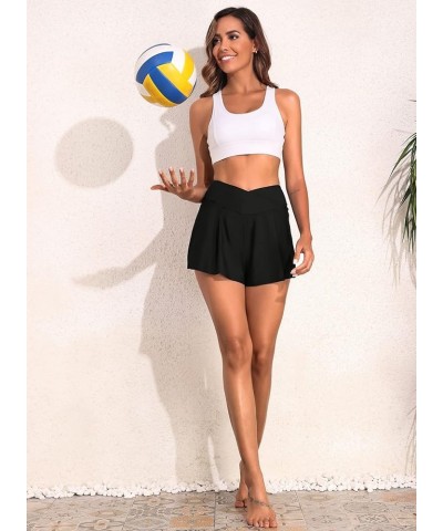 Women's 3" High Waisted Bikini Bottoms UPF 50+ Tummy Control Ruched Board Shorts with Pocket Black $15.71 Swimsuits