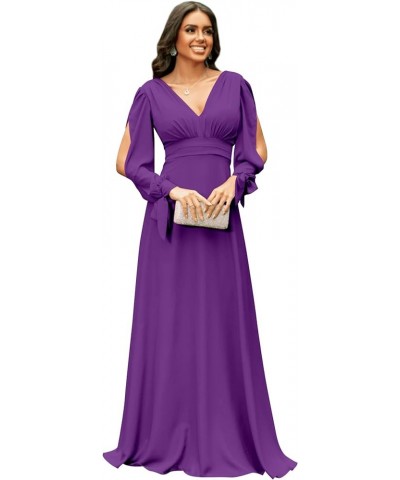 Women's V Neck Bridesmaid Dresses with Sleeves Long Chiffon Ruched Formal Evening Dresses Purple $32.00 Dresses