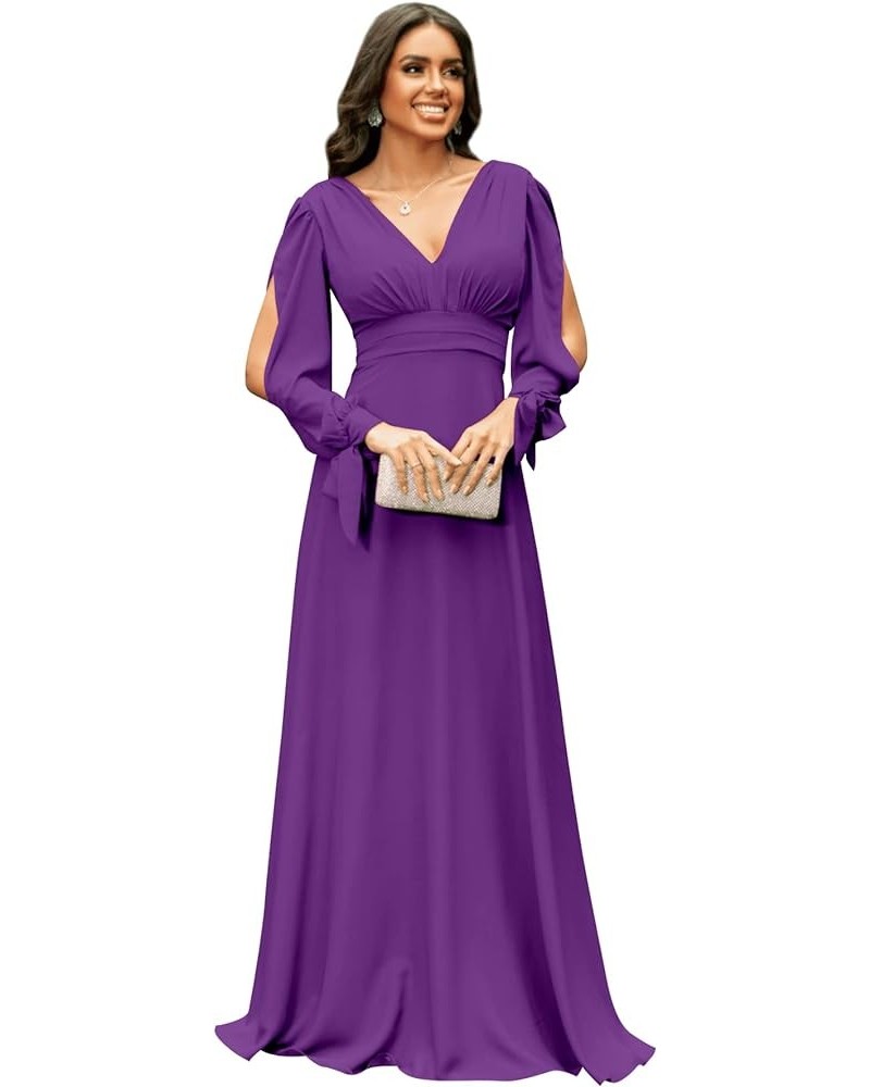 Women's V Neck Bridesmaid Dresses with Sleeves Long Chiffon Ruched Formal Evening Dresses Purple $32.00 Dresses