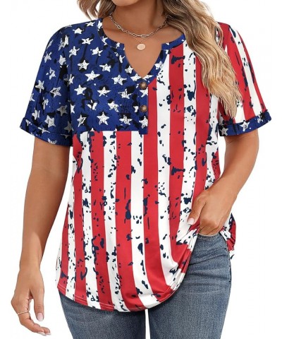 Womens Plus Size Tops Puff Short Sleeve V Neck Shirts Solid/Floral Summer Tshirt Casual Blouse Loose fit Tunics XL-5XL 3-flag...