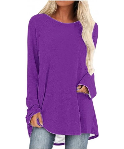 Women Casual Long Sleeve Shirts 2024 Spring Fashion Dressy Long Sleeve Tunic Tops Loose Crewneck Gradient/Solid Blouse B-purp...