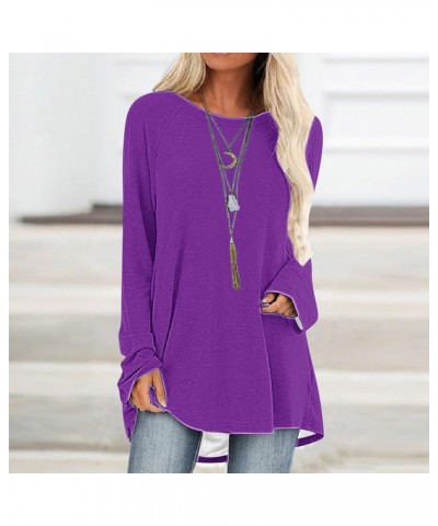 Women Casual Long Sleeve Shirts 2024 Spring Fashion Dressy Long Sleeve Tunic Tops Loose Crewneck Gradient/Solid Blouse B-purp...