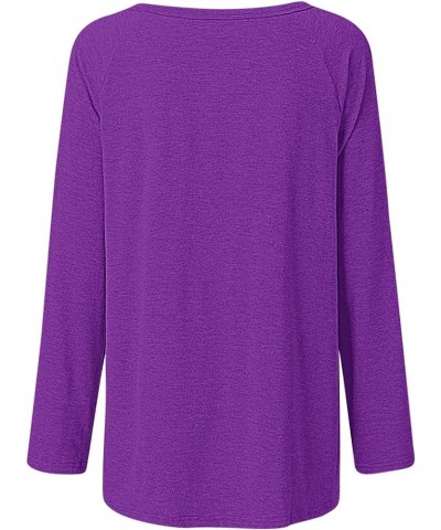 Women Casual Long Sleeve Shirts 2024 Spring Fashion Dressy Long Sleeve Tunic Tops Loose Crewneck Gradient/Solid Blouse B-purp...