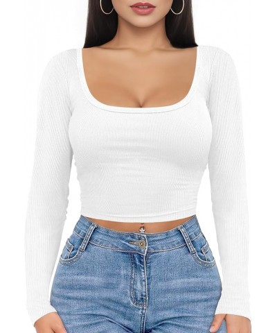 Women's Long Sleeve Square Neck Crop Tops, Ribbed Knit Slim Fitted Casual Basic Y2K Crop Top Tee Blouse Retro White $8.50 T-S...