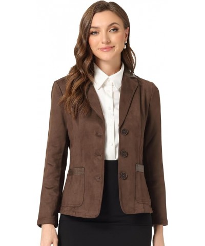 Faux Suede Blazer for Women's Lapel Collar Button Front Long Sleeve Jacket Brown $30.14 Coats
