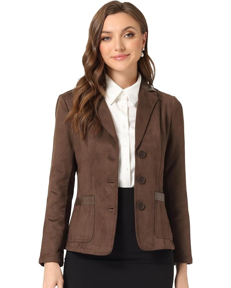 Faux Suede Blazer for Women's Lapel Collar Button Front Long Sleeve Jacket Brown $30.14 Coats