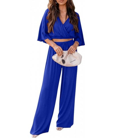 2 Piece Outfits For Women 2024 Summer Short Sleeve Wrap V Neck Crop Tops Wide Leg Pants Set Royal Blue $23.45 Activewear