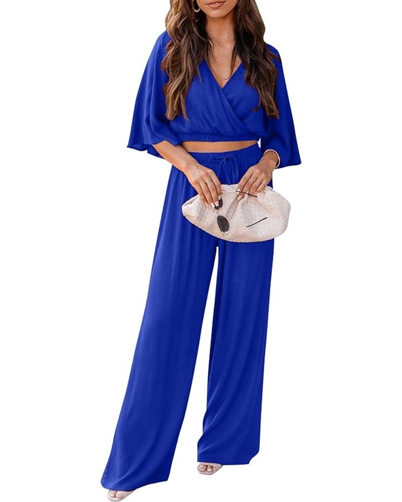 2 Piece Outfits For Women 2024 Summer Short Sleeve Wrap V Neck Crop Tops Wide Leg Pants Set Royal Blue $23.45 Activewear