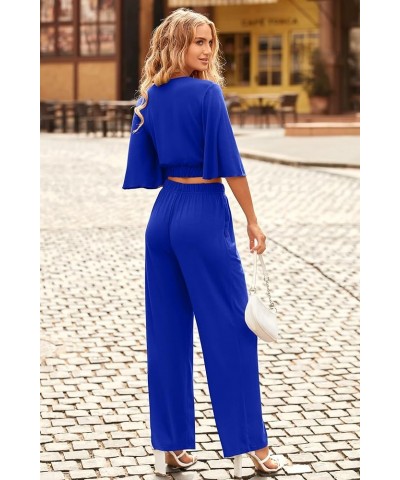 2 Piece Outfits For Women 2024 Summer Short Sleeve Wrap V Neck Crop Tops Wide Leg Pants Set Royal Blue $23.45 Activewear