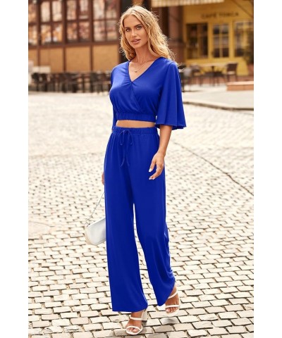 2 Piece Outfits For Women 2024 Summer Short Sleeve Wrap V Neck Crop Tops Wide Leg Pants Set Royal Blue $23.45 Activewear