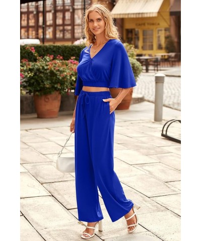 2 Piece Outfits For Women 2024 Summer Short Sleeve Wrap V Neck Crop Tops Wide Leg Pants Set Royal Blue $23.45 Activewear