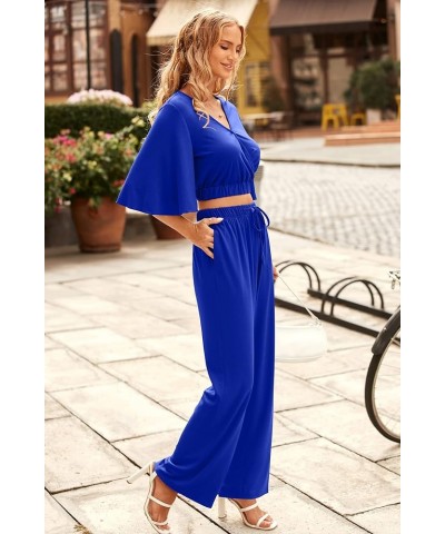 2 Piece Outfits For Women 2024 Summer Short Sleeve Wrap V Neck Crop Tops Wide Leg Pants Set Royal Blue $23.45 Activewear